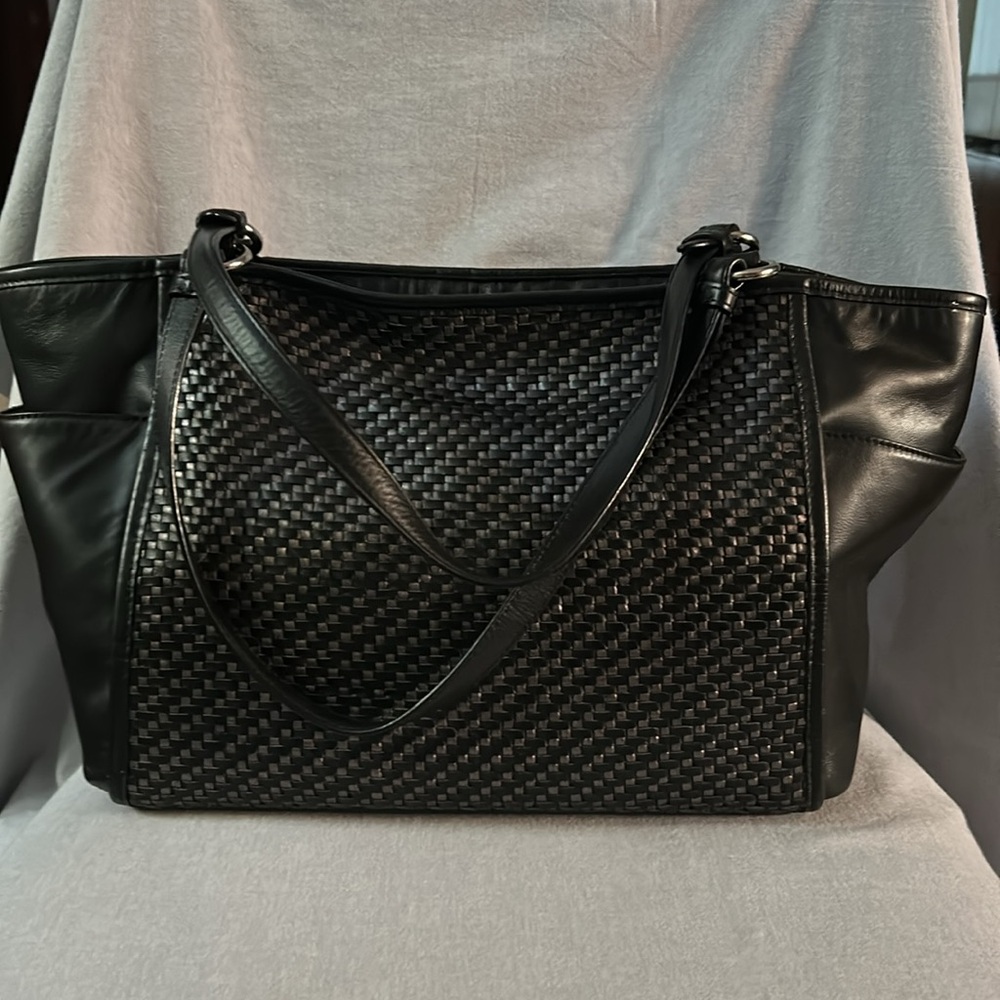 Coach Park Large Woven Black & Silver Leather Zip Top Tote Shoulder Bag - Picture 5 of 11